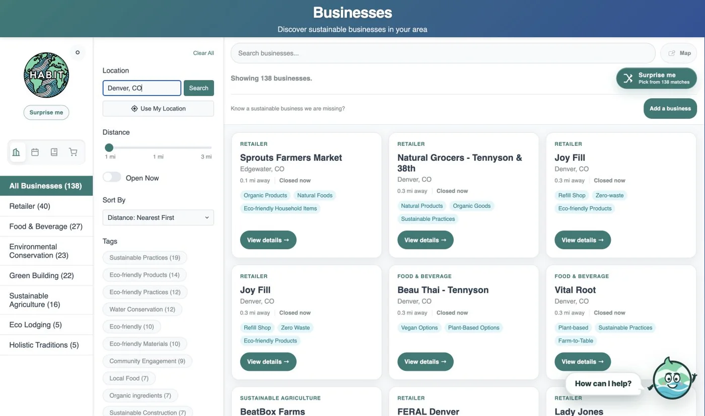 Habit.Earth business directory with location filters and local listings