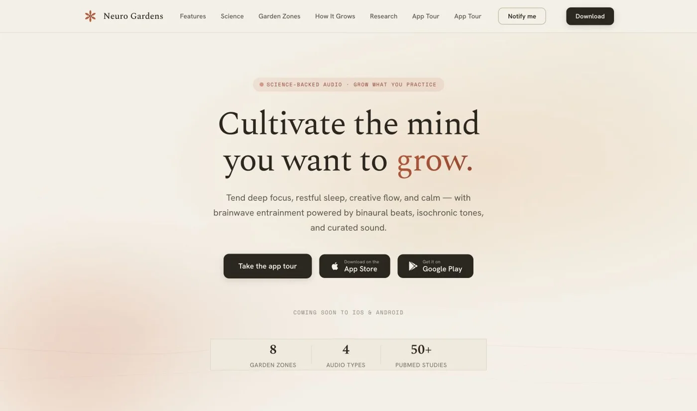 Neuro Gardens homepage introducing its audio app and garden-inspired listening experience